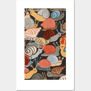 Snail Trail - repeat pattern of funny snails on dark brown Posters and Art